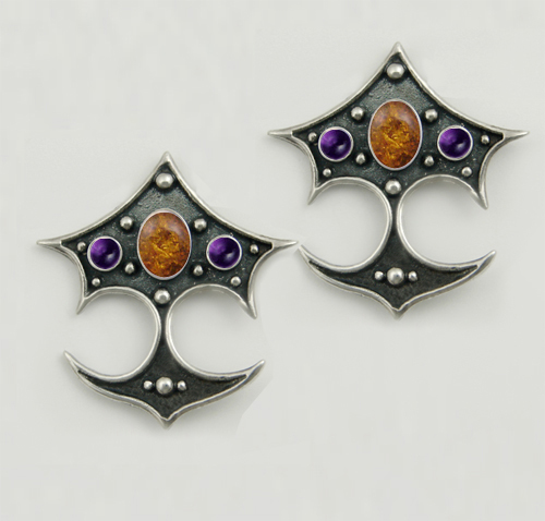 Sterling Silver Gothic Drop Dangle Earrings With Amber And Amethyst